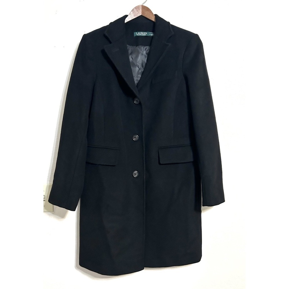Lauren Ralph Lauren Black Wool Blend Single-Breasted Reefer Walking Coat Size 6